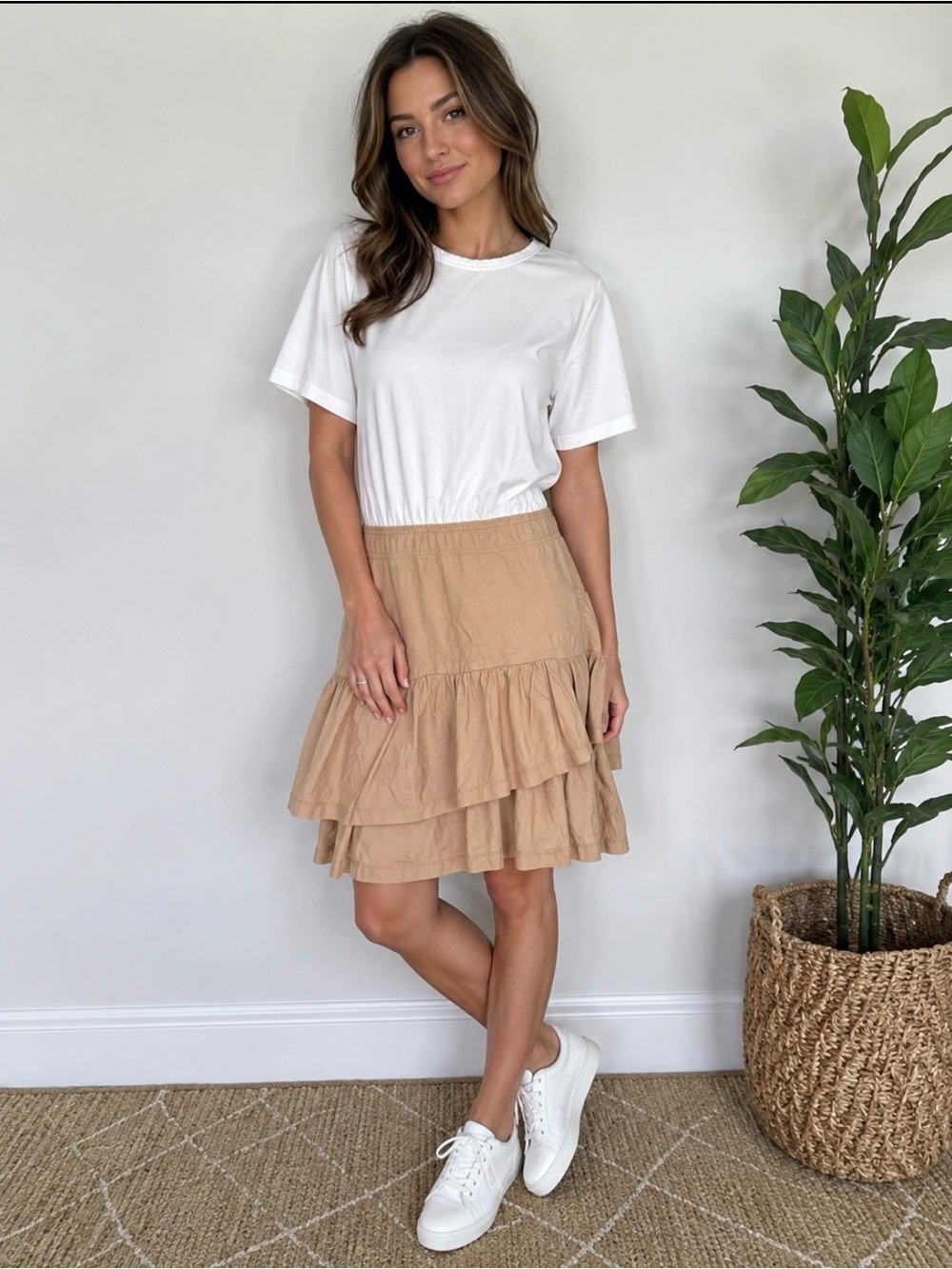 Veronica Beard White Top with Tan Ruffle Skirt Dress, XL